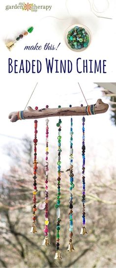 a wind chime with beads hanging from it's side and the words make this beaded wind chime