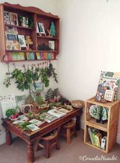 there is a table with books and plants on it in the corner next to a book shelf