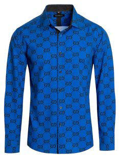 Royal Blue Men Fashion Design GG Printed Long Sleeves Dress Shirt - DESIGN MENSWEAR Mens Overcoat, Formal Tuxedo, Plaid And Leather, Long Sleeves Dress, Slim Fit Dress Pants, Fancy Design, Polo Long Sleeve, Button Down Dress Shirt, Plaid Suit