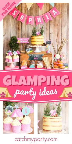 glamping party ideas with pink and gold decorations, cupcakes and bunting banner