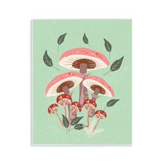 mushrooms and leaves on a light green background with polka dots in the middle, one mushroom is