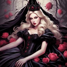 a painting of a woman wearing a black dress and a crown sitting in the middle of roses