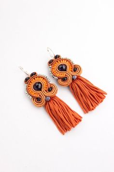 Soutache Earrings Purple Orange Handmade Earrings Burnt Orange | Etsy Adjustable Orange Tassel Earrings, Orange Tassel Earrings Gift, Handmade Elegant Orange Beaded Earrings, Elegant Handmade Orange Beaded Earrings, Elegant Orange Tassel Earrings For Gift, Burnt Orange And Purple, How To Clean Diamonds, Orange Wedding Colors, Black Crystal Earrings