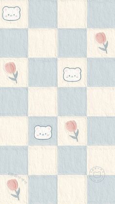 a checkered wallpaper with flowers and clouds on the top right hand corner, in blue and white