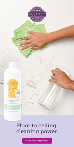 a woman is cleaning the floor with a cloth and sponge on top of it, next to a hand sanitizer