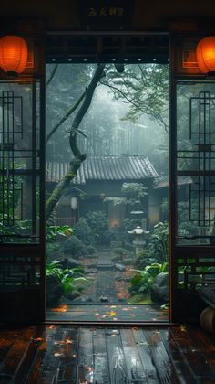 an open door leading into a garden with lots of trees and plants in the rain