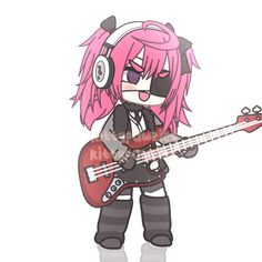 an anime character with pink hair and headphones holding a guitar