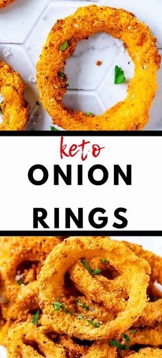 keto onion rings with parsley on top and the words keto onion rings above them