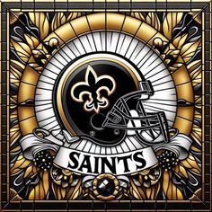 the new orleans saints logo is shown in gold and black, with an ornate frame around it