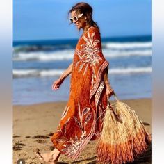 Nwt_zara Woman Midi Printed Kaftan Dress Fw23 Brick One Size: M 6188/201 Very Soft 100% Cotton Fabric New Orange V-neck Maxi Dress For Beach, Casual Orange Maxi Beach Dress, Orange V-neck Beach Dress, Orange V-neck Maxi Dress For The Beach, Orange Beachwear Maxi Dress For Summer, Orange V-neck Beachwear Dress, Casual Orange Boho Dress For Beach, Orange Maxi Dress For Beach Festival, Orange Bohemian Beach Dress