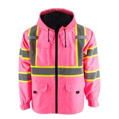 PRICES MAY VARY. 【Weatherproof Reflective Jacket】 This safety jacket is made of lightweight and comfortable 100% polyester fabric, 3000MM water column, 300D Oxford polyester shell, and PU coating for wind and water resistance. At the same time, the jacket cap has an adjustable drawcord to protect our head, and the elastic contraction cuffs and hem improve activity safety and flexibility. Each part of the high visibility jacket is bartacked, which is more firm and tear-resistant. 【High Quality Ma Safety Jacket, Reflective Jacket, Safety Vest, Safety Clothing, Pink Blazer, Pink Jacket, Personal Protective Equipment, Rain Jacket, Work Wear