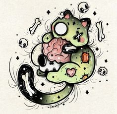 a drawing of a cat with a brain in it's stomach