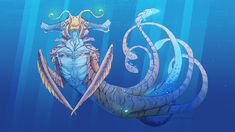 an underwater creature with long tentacles and large eyes is floating in the blue sea water