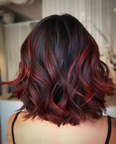 Partial Hair Color Ideas, Red And Black Hair Medium Length, Hair Color With Highlights, Red Highlights In Brown Hair, Color With Highlights, Black Cherry Hair Color, Black Cherry Hair, Red Balayage Hair, Cherry Hair Colors