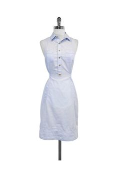 Current Boutique-DSQUARED2 - Light Blue Cotton Sleeveless Shirtdress Sz 8 Sleeveless Shirt Dress With Pockets For Spring, Sleeveless Summer Shirt Dress With Pockets, Fitted Sleeveless Cotton Shirt Dress, Classic Fitted Sleeveless Shirt Dress, Fitted Sleeveless Button Shirt Dress, Casual Fitted Sleeveless Shirt Dress, Sleeveless Cotton Shirt Dress For Work, Fitted Sleeveless Shirt Dress With Buttons, Sleeveless Shirt Dress With Button Closure For Work