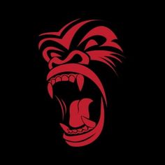 an angry monkey with its mouth open and it's teeth wide open, on a black background