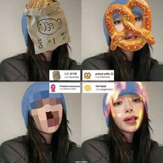 four different pictures of a woman with food on her face and wearing a paper bag in the shape of a pretzel