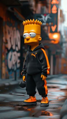 the simpsons character is wearing an orange and black outfit