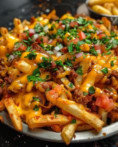 a plate full of cheesy french fries with cheese and toppings on top