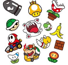 several different stickers that are on the back of a white background, including an image of mario and other characters