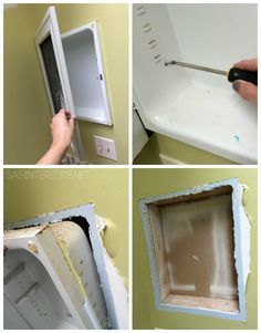 four pictures showing how to paint a cabinet