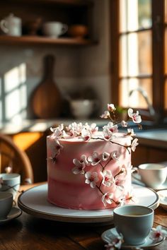 a pink cake sitting on top of a wooden table next to cups and saucers