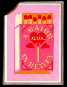 a pink card with an image of a match between two matches in the shape of a heart