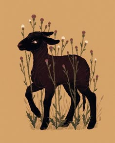 a painting of a black goat standing in tall grass with flowers around it's neck