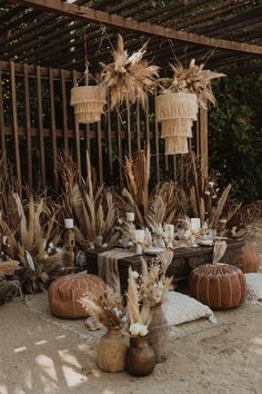 an outdoor table set up with pumpkins and corn stalks