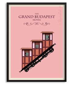 the grand budapest hotel poster is shown in black and pink with an illustration of a train car