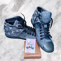 Louis Vuitton Brea High Top Shoes Feature A Unique Design Of Blue Leather And The Signature Lv Monogram On Denim Also Has Blue Laces And Sturdy Rubber Soles Completely Discontinuedextremely Hard Find! Size Eu 37.5 (Close To A Us 7.5 - Us 8) Comes With: Extra Lv Shoelaces In Lv Envelope Condition: 8/10 - In Very Good Pre-Loved Condition And Only Worn A Few Times - Minor Scuffs And Scratches At The Rubber Front; Lightly Rubbed Soles - (Please Refer To The Photos) 100% Authentic As Always + I’m An Lv Monogram, Louis Vuitton Shoes, High Top Shoes, Blue Lace, Blue Leather, Womens Shoes Sneakers, High Top Sneakers, Shoe Laces, Shoes Sneakers