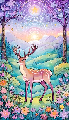 a painting of a deer standing in the middle of a forest with flowers and stars