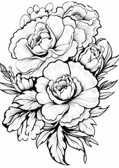 black and white drawing of flowers with leaves on the bottom half of each flower,