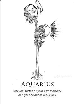 the zodiac sign for aquarius is shown in this black and white drawing, with an image of a man on top