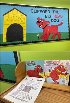 two pictures of children's books on a desk with the title, clifford the big red dog