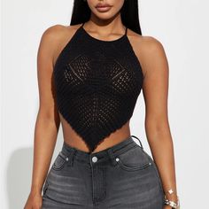 Nwt Fashion Nova Giorgi Crochet Top Black Crochet Sleeveless Top Tie Back V Hem 100% Polyester Halter Neck Crop Top Vest For The Beach, Trendy Crochet Sleeveless Tank Top, Trendy Sleeveless Crochet Top, Black Fitted Cropped Crochet Top, Black Cami Halter Top For The Beach, Beach Crop Top Vest, Beach Cropped Vest Crop Top, Black Stretch Triangle Top Tank Top, Black Stretch Tank Top With Triangle Top