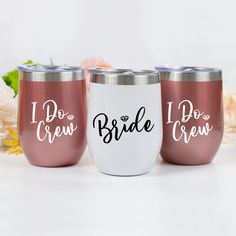 three bridesmaid wine glasses with the words maid of honor and bridesmaid on them