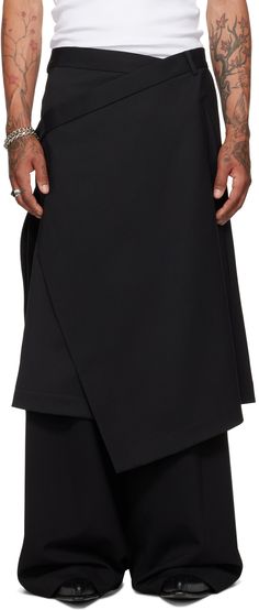 Lightweight plain-woven stretch polyester- and virgin wool-blend skirt. · Wrap construction · Belt loops · Self-tie fastening at waistband · Four-pocket styling Supplier color: Black Wrap Skirt Pattern Free, Mens Skirt, Men Skirt, Skirt Over Pants, Black Wrap Skirt, Apron Skirt, Wrap Skirt Pattern, Skirt Pattern Free, Black Apron