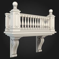 a white balcony railing with two balconies on each side and an ornamental design at the top