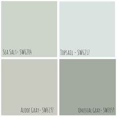 four different shades of gray paint with the words sea salt, topsail - sw07