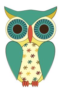 an owl with big eyes is wearing a colorful dress and has long, thin legs