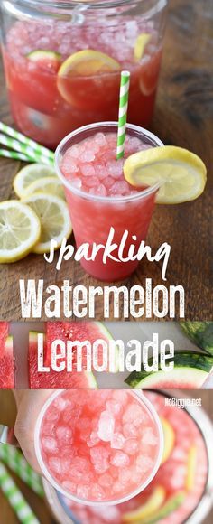 two glasses filled with watermelon lemonade sitting on top of a wooden table