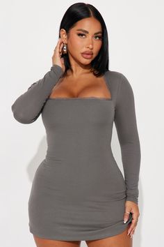 Available In Pink And Grey. Double Lined Ribbed Mini Dress Square Neck Long Sleeve Lace Trim Stretch 95% Rayon 5% Spandex Imported | Kinsley Double Lined Mini Dress in Grey size XL by Fashion Nova Stretch Square Neck Bodycon Dress For Brunch, Square Neck Stretch Bodycon Dress For Brunch, Stephanie Rao, Dress Square Neck, Square Neck Long Sleeve, Ribbed Mini Dress, Matching Dresses, Grey Fashion, Long Sleeve Lace