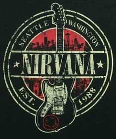 a black shirt with the words nirvana and an image of a guitar in red on it