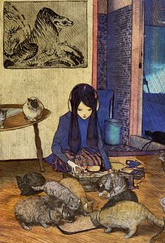 A Drawing, A Girl, Cats And Kittens, Kittens, Twitter, Animals, Art