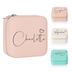 four personalized cosmetic cases with name written on them