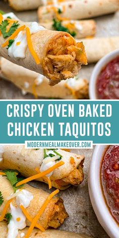 Oven baked chicken taquitos with sour cream, cheese and fresh chopped parsley on them. Oven Baked Chicken Taquitos, Chicken Taquitos Baked, Baked Chicken Taquitos, Chicken Cream Cheese, Crispy Oven Baked Chicken, Taquitos Recipe, Chicken Taquitos, Easy Baked Chicken, Oven Chicken