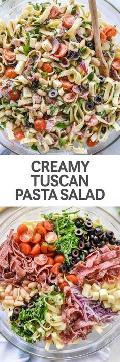 two pictures showing different types of pasta salads