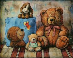 three teddy bears sitting next to each other on a striped table cloth with a blue pillow