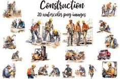 the construction workers are doing their jobs in watercolor and inks on white paper